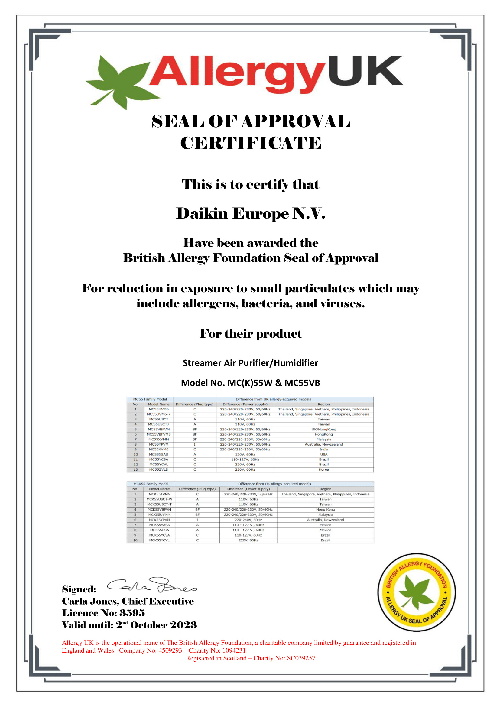 Allergy Seal of Approval Certificate